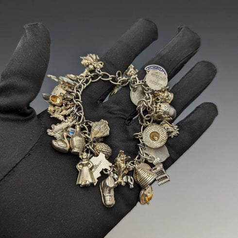 British vintage sterling silver charm bracelet 69g