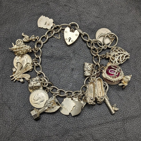British vintage sterling silver charm bracelet 73g