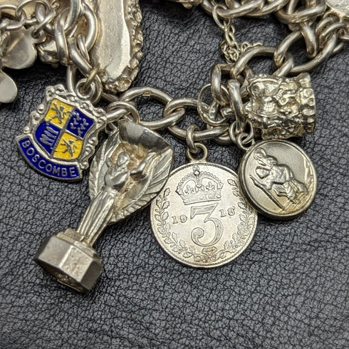 British vintage sterling silver charm bracelet 73g