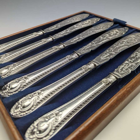 1860年 英国アンティーク シルバープレート製 フィッシュナイフ6本セット トレー入
