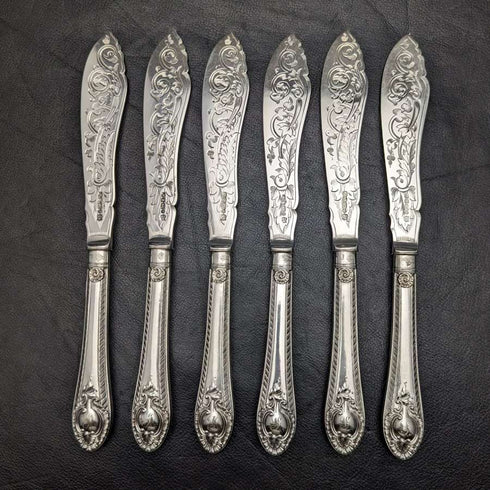 1860年 英国アンティーク シルバープレート製 フィッシュナイフ6本セット トレー入