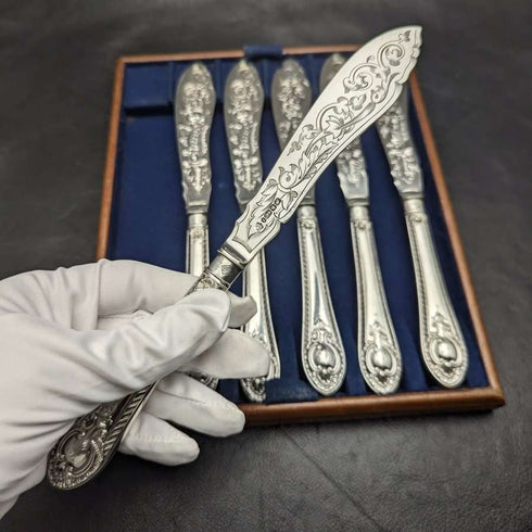 1860年 英国アンティーク シルバープレート製 フィッシュナイフ6本セット トレー入