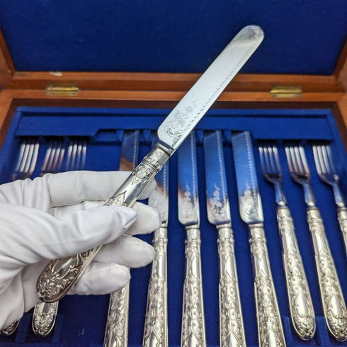 1868 British antique silver plate cutlery set 6x2 in mahogany case