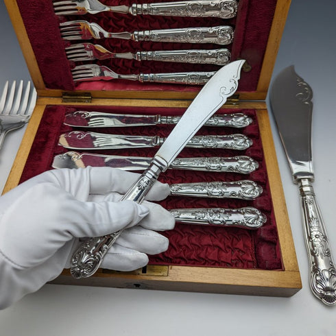 1936年 英国ヴィンテージ 純銀ハンドル カトラリー6x2 &サーバセット 木箱入り