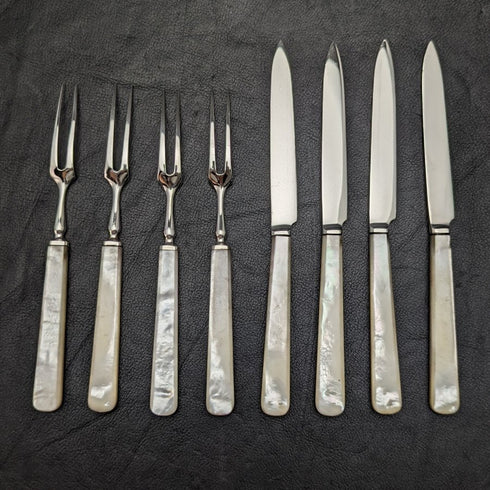 1925年 英国ヴィンテージ 白蝶貝ハンドル 純銀ブレード デザートカトラリー4x2セット