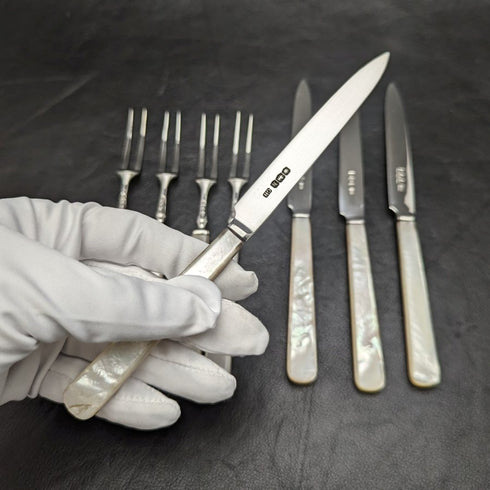 1925年 英国ヴィンテージ 白蝶貝ハンドル 純銀ブレード デザートカトラリー4x2セット