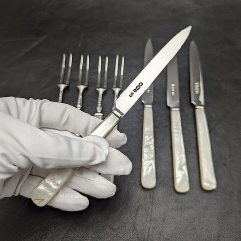 1925 British Vintage White Pearl Shell Handle Sterling Silver Blade Dessert Cutlery 4x2 Set