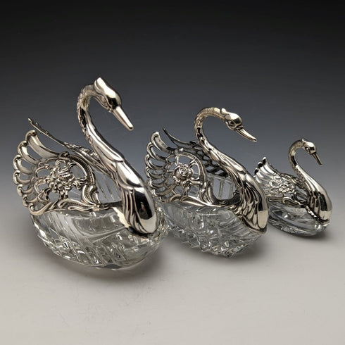 1972 British Vintage Swan Shape Sterling Silver & Cut Glass Accessory Case Large Medium Small Set of 3