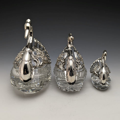 1972 British Vintage Swan Shape Sterling Silver & Cut Glass Accessory Case Large Medium Small Set of 3