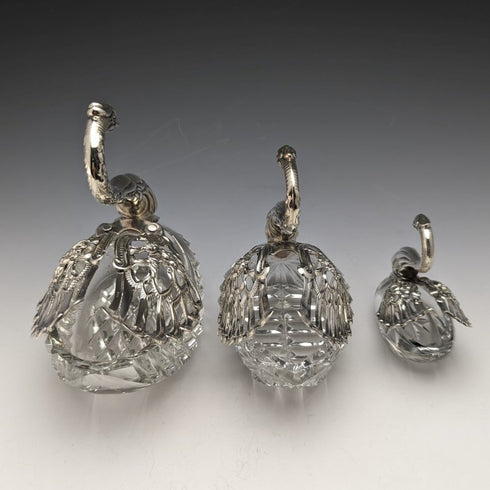 1972 British Vintage Swan Shape Sterling Silver & Cut Glass Accessory Case Large Medium Small Set of 3