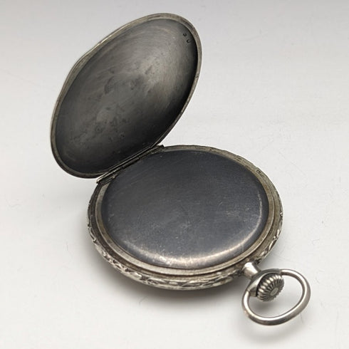 Antique Mumei pocket watch Art Nouveau flower sculpture alloy case works well