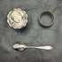 British vintage silver plate egg stand & napkin ring & spoon set boxed