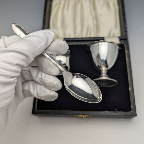 British vintage silver plate egg stand & napkin ring & spoon set boxed