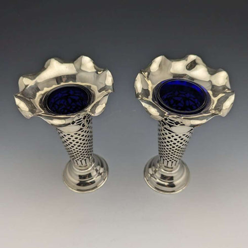 1906 British Antique Sterling Silver Large Vase Pair Cobalt Inner