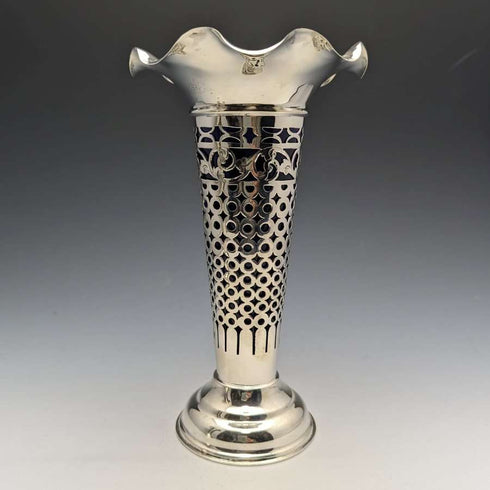 1906 British Antique Sterling Silver Large Vase Pair Cobalt Inner