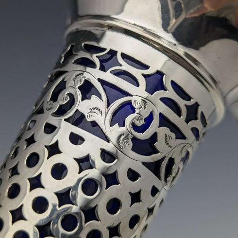 1906 British Antique Sterling Silver Large Vase Pair Cobalt Inner