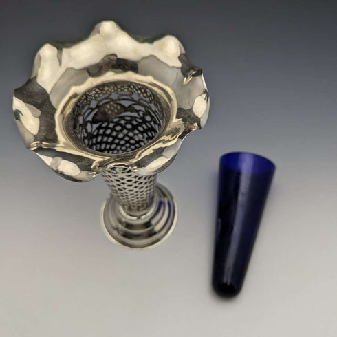 1906 British Antique Sterling Silver Large Vase Pair Cobalt Inner
