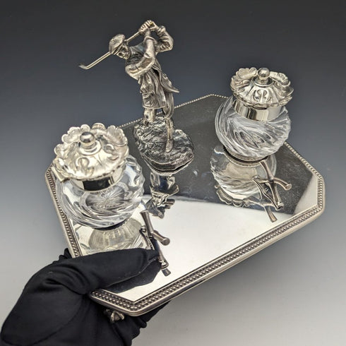 英国ヴィンテージ シルバープレート製 ゴルフデザイン ペンスタンド&インク壺ペア