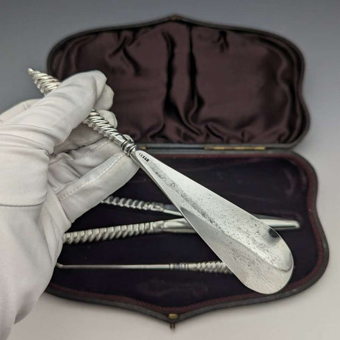 Circa 1892 British antique sterling silver handle accessory set in case