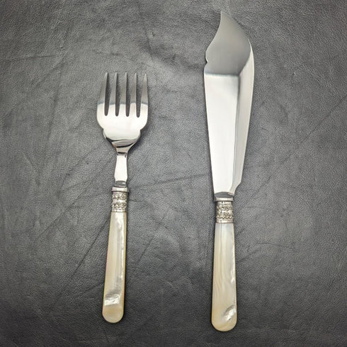 英国ヴィンテージ 白蝶貝ハンドル シルバープレート製 フィッシュサーバーセット ケース入