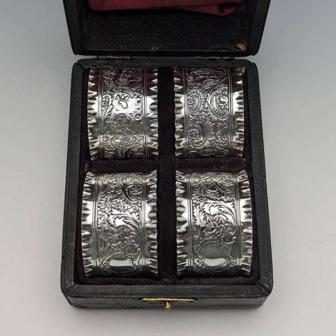 1905年頃 英国アンティーク シルバープレート製 ナプキンリング 4個セット ケース入