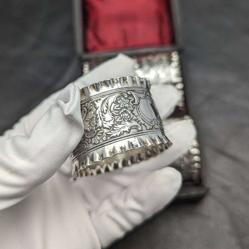 1905年頃 英国アンティーク シルバープレート製 ナプキンリング 4個セット ケース入