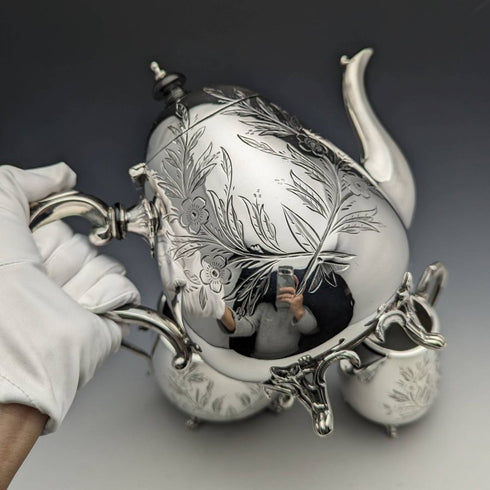 英国ヴィンテージ プレートピューター製 ティーポット3点セット