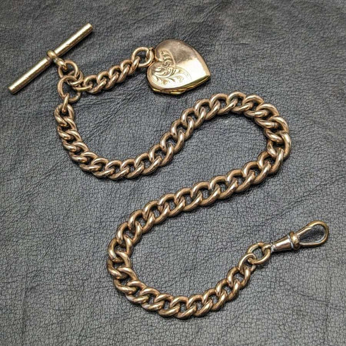 British Antique Rolled Gold Albert Chain 9ct Gold Heart Locket Fob