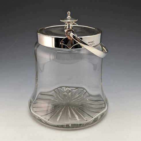 英国ヴィンテージ カットガラス ビスケットバレル シルバープレート蓋 917g