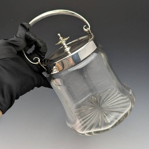 英国ヴィンテージ カットガラス ビスケットバレル シルバープレート蓋 917g