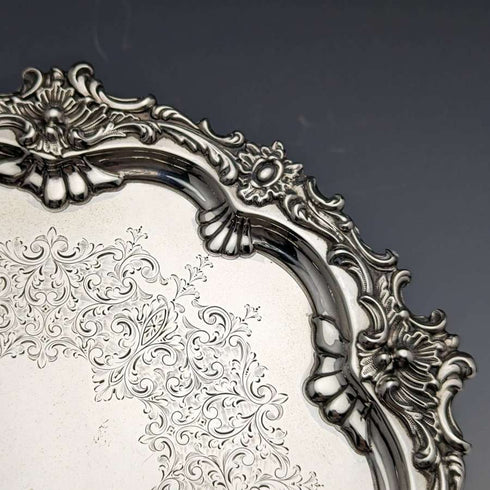 1899 British Antique Sterling Silver Salva Card Tray Diameter 21.5cm 400g Barker Bros