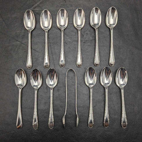 1887年 英国アンティーク 純銀製ティースプーン12本 & トングセット