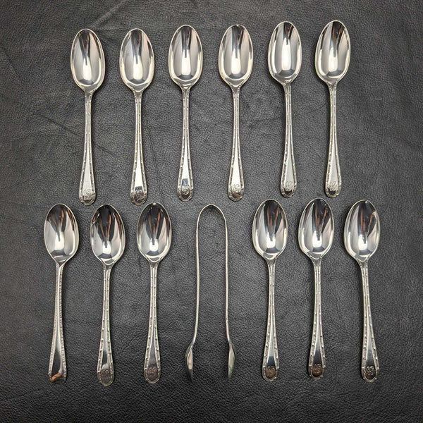 1887年 英国アンティーク 純銀製ティースプーン12本 & トングセット