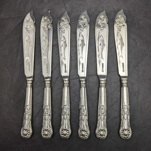 1860年頃 英国アンティーク 純銀製ハンドル フィッシュカトラリーセット 6x2 トレー入