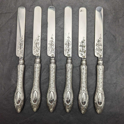 1858年 英国アンティーク 純銀ブレード カトラリーセット6x2 マホガニーケース入