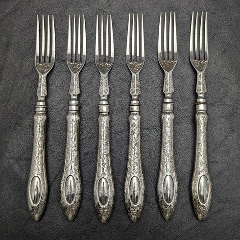 1858年 英国アンティーク 純銀ブレード カトラリーセット6x2 マホガニーケース入