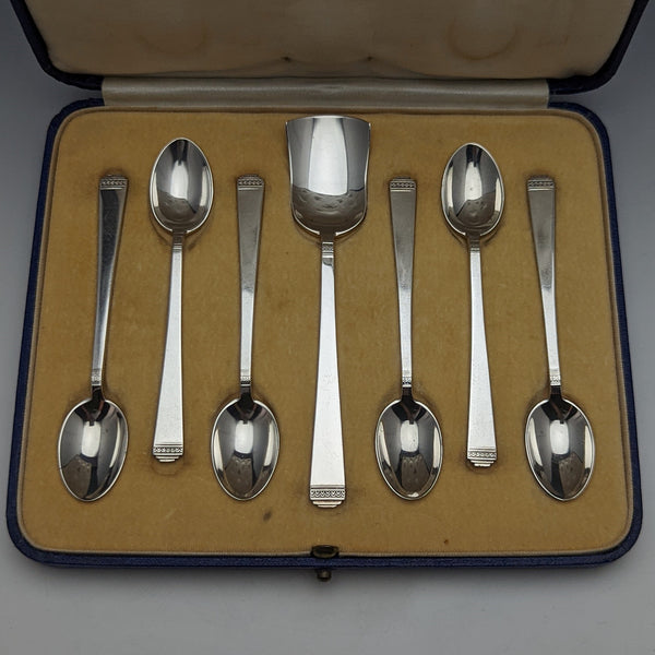1937 British Vintage Pure Silver (925 Silver) 6 Teaspoons & Sugar Shovel Set in Case Mappin & Webb