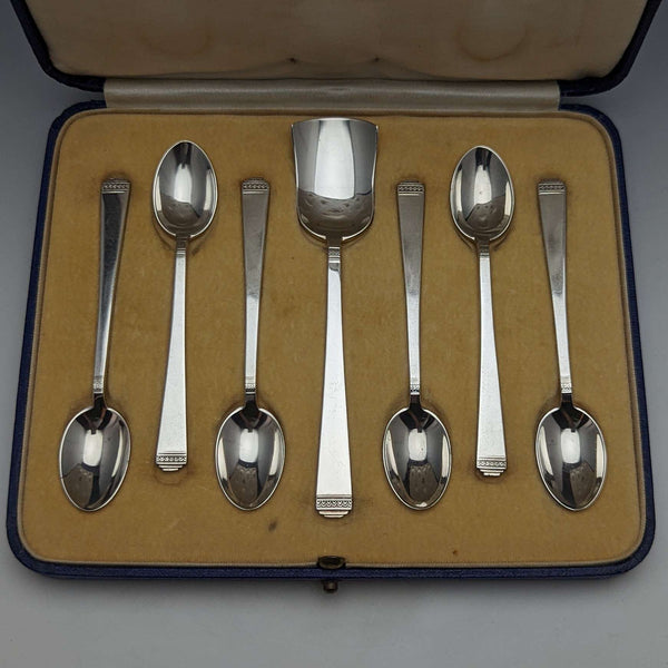 1937年 英国ヴィンテージ 純銀(925シルバー) ティースプーン6本&シュガーショベルセット ケース入り Mappin & Webb