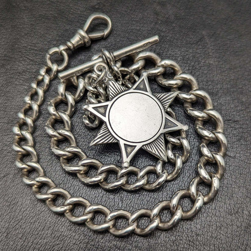 Cadena Albert de plata esterlina (925) antigua británica de alrededor de 1900, 55 g, con medalla tipo fob