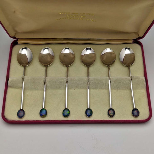 Juego de 6 cucharillas de té de plata de ley vintage con decoración de ópalo, en estuche