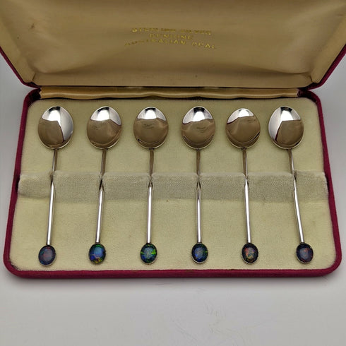 Vintage Sterling Silver Teaspoon Set of 6 Opal Decorated Case