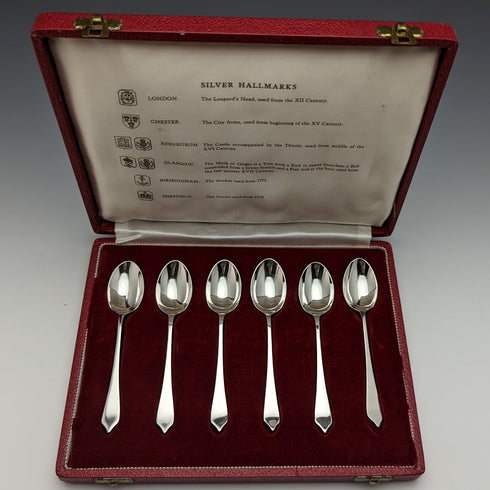 1959 British Vintage Sterling Silver Multi-Hallmark Teaspoon Set of 6 in Case