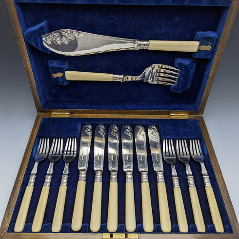 British antique resin handle silver plate fish cutlery 6x2 & server set in wooden box