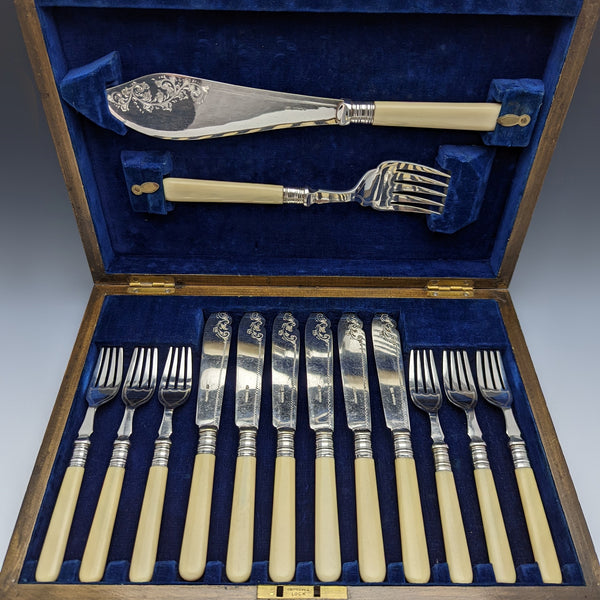 British antique resin handle silver plate fish cutlery 6x2 & server set in wooden box
