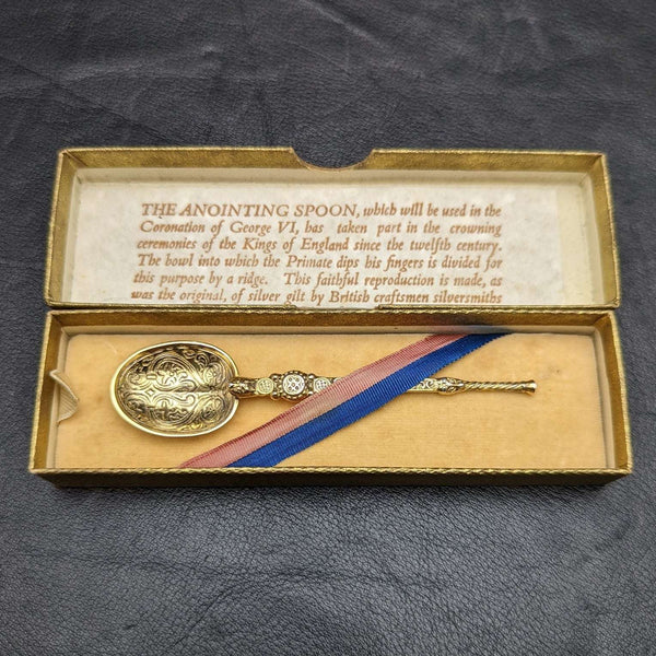 1936年 英国ヴィンテージ 純銀製 アノイティングスプーン 金メッキ装飾 箱入り