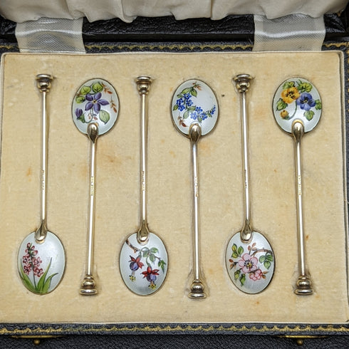 1963 British vintage sterling silver teaspoon set of 6 in enamel gold plated case
