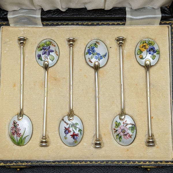 1963 British vintage sterling silver teaspoon set of 6 in enamel gold plated case