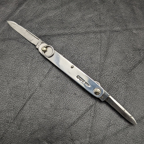 1960 British Vintage Sterling Silver Handle Double Blade Folding Mini Knife