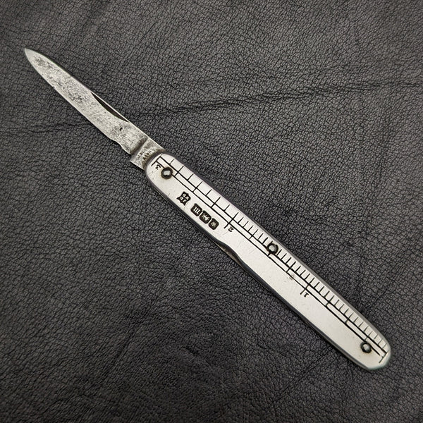 1904年 英国アンティーク 純銀ハンドル 折りたたみミニナイフ 物差し付き