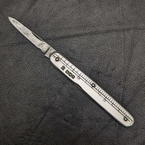 1904 British Antique Pure Silver Handle Folding Mini Knife with Ruler